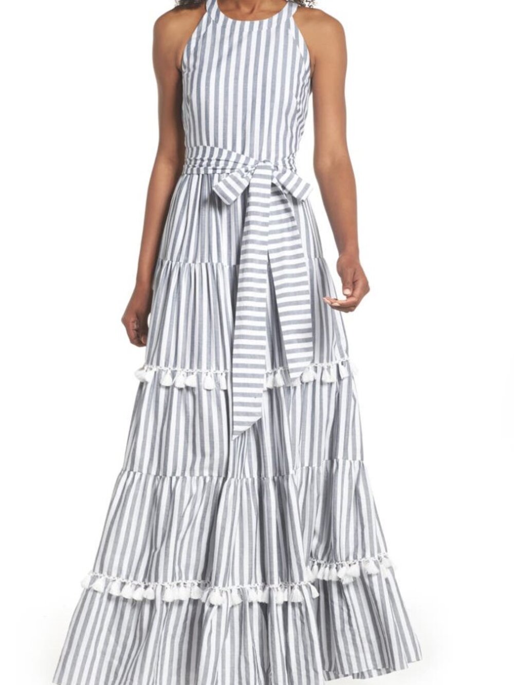 Eliza J - Tiered Tassel Fringe Cotton Maxi Dress - Picture 2 of 9